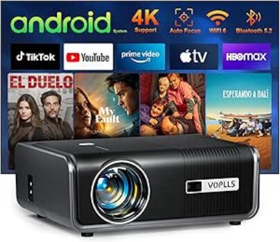 [Built-in -Apps & Auto Focus/Keystone] Smart Projector 4K Support, VOPLLS 25000L Native 1080P WiFi 6 Bluetooth Outdoor Projector, PPT, 50% Zoom Home Theater Movie Projectors for Bedroom/iOS/Android